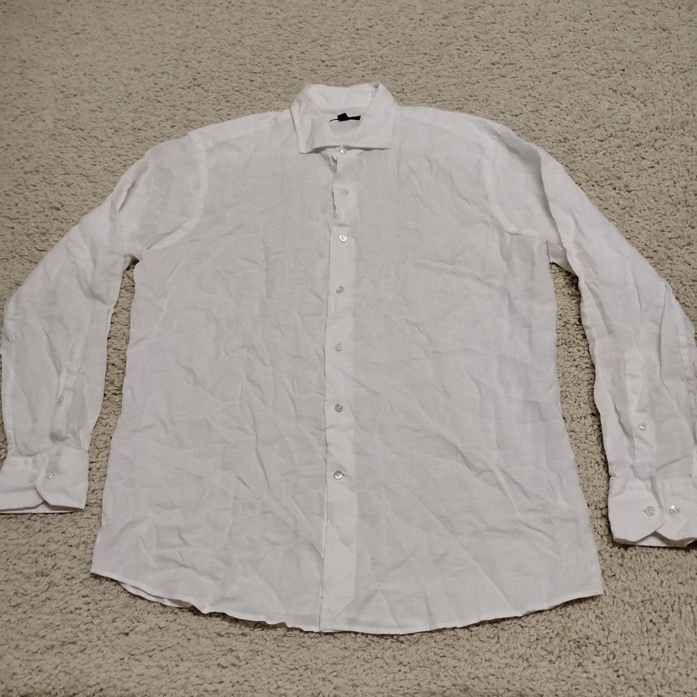 Peter Millar Crown Crafted Shirt Mens Large White 100% Linen Designer Preppy
